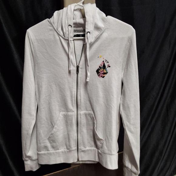 Volcom Other - White Zip-Up Hoodie with Floral Detail